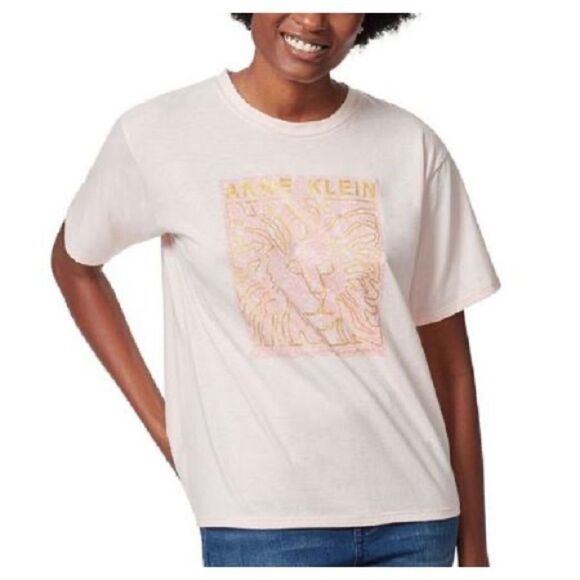 NWT Anne Klein Pink and Gold Lion Logo Relaxed Hayden Tee - Picture 1 of 12